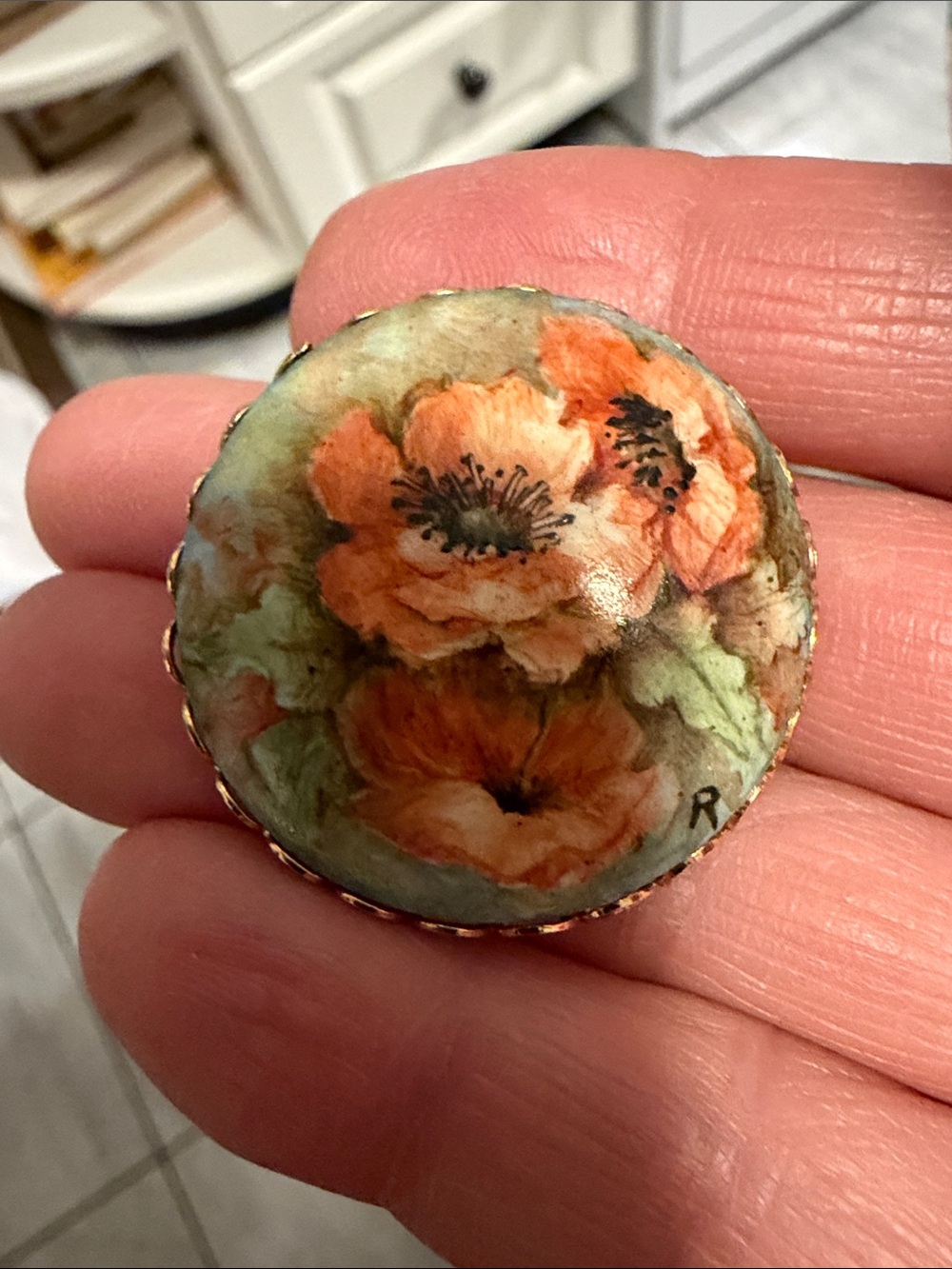 Vintage Hand-Painted Floral porcelain Round Brooch - Orange Poppies signed